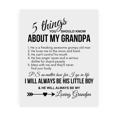 5 Things to Know About My Grandpa Funny Family Wall Decor Sign -8 x 10" Rustic Inspirational Farmhouse Print -Ready to Frame. Home-Boys Bedroom-Family Room Decor. Great Papa Gift for All Grandsons!