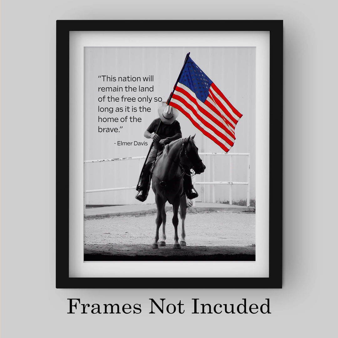 This Nation Will Remain Land of the Free- American Flag Wall Art -8x10" Patriotic Cowboy Riding Horse Picture Print -Ready to Frame. Home-Office-Bar-Cave-Western Decor! Great Gift for USA Pride!