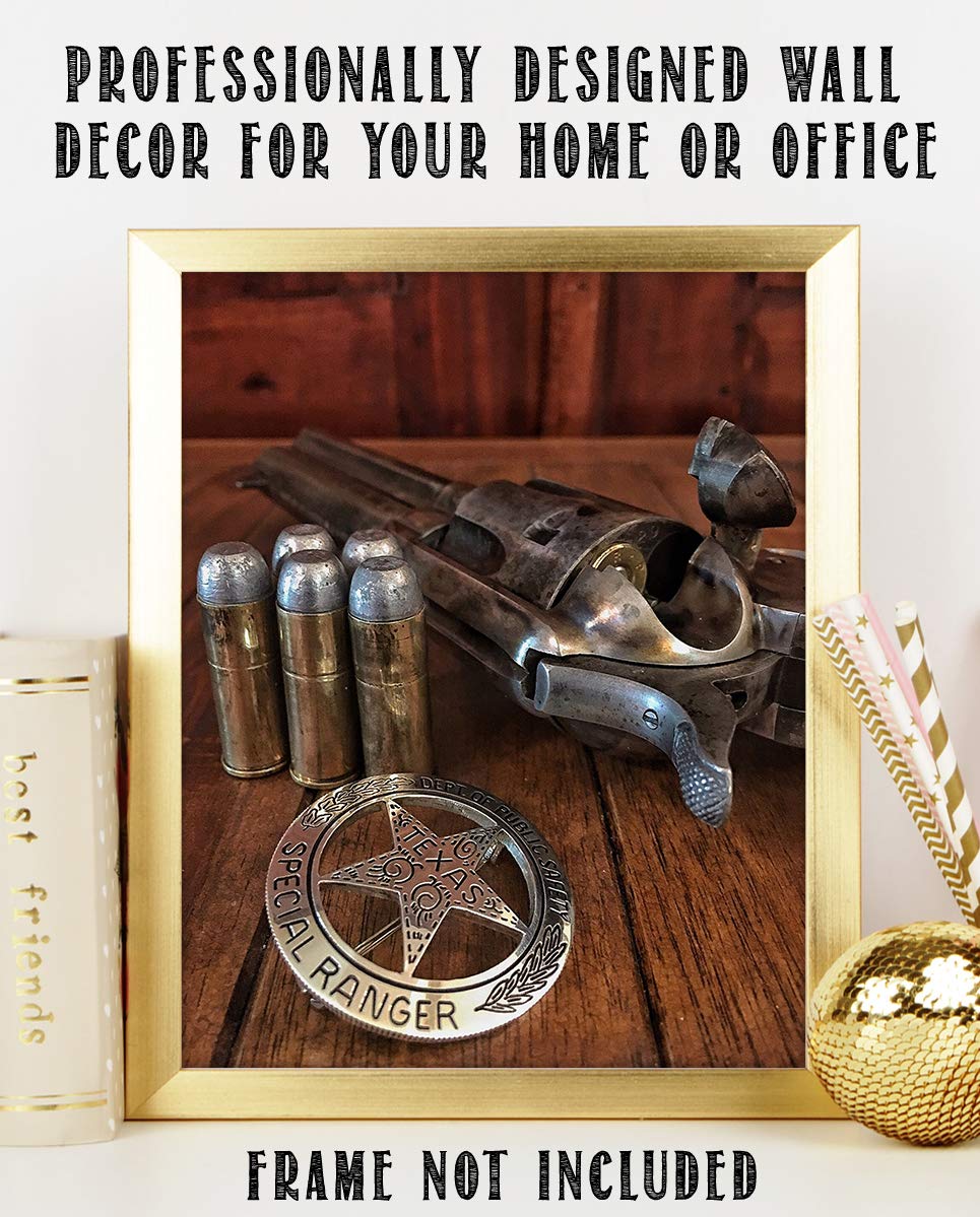 Texas Ranger Badge, Bullets &amp; Revolver- Western Photo Print- 8 x 10" Wall Art-Ready to Frame. Retro Western Decor for Home-Office-Garage-Man Cave-Bar. Perfect Collectible for Lawmen &amp; Outlaws.