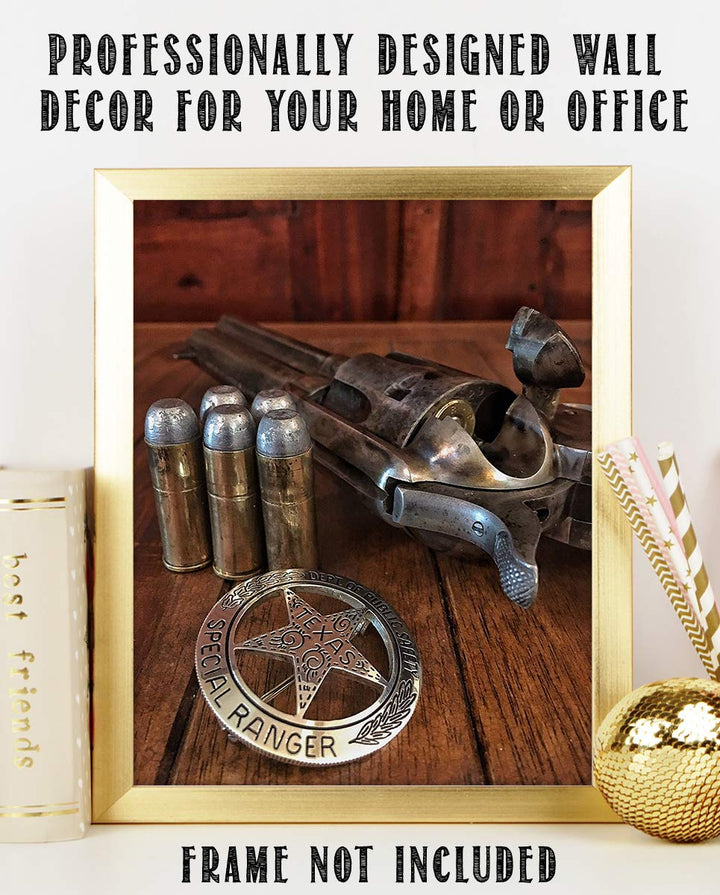 Texas Ranger Badge, Bullets &amp; Revolver- Western Photo Print- 8 x 10" Wall Art-Ready to Frame. Retro Western Decor for Home-Office-Garage-Man Cave-Bar. Perfect Collectible for Lawmen &amp; Outlaws.