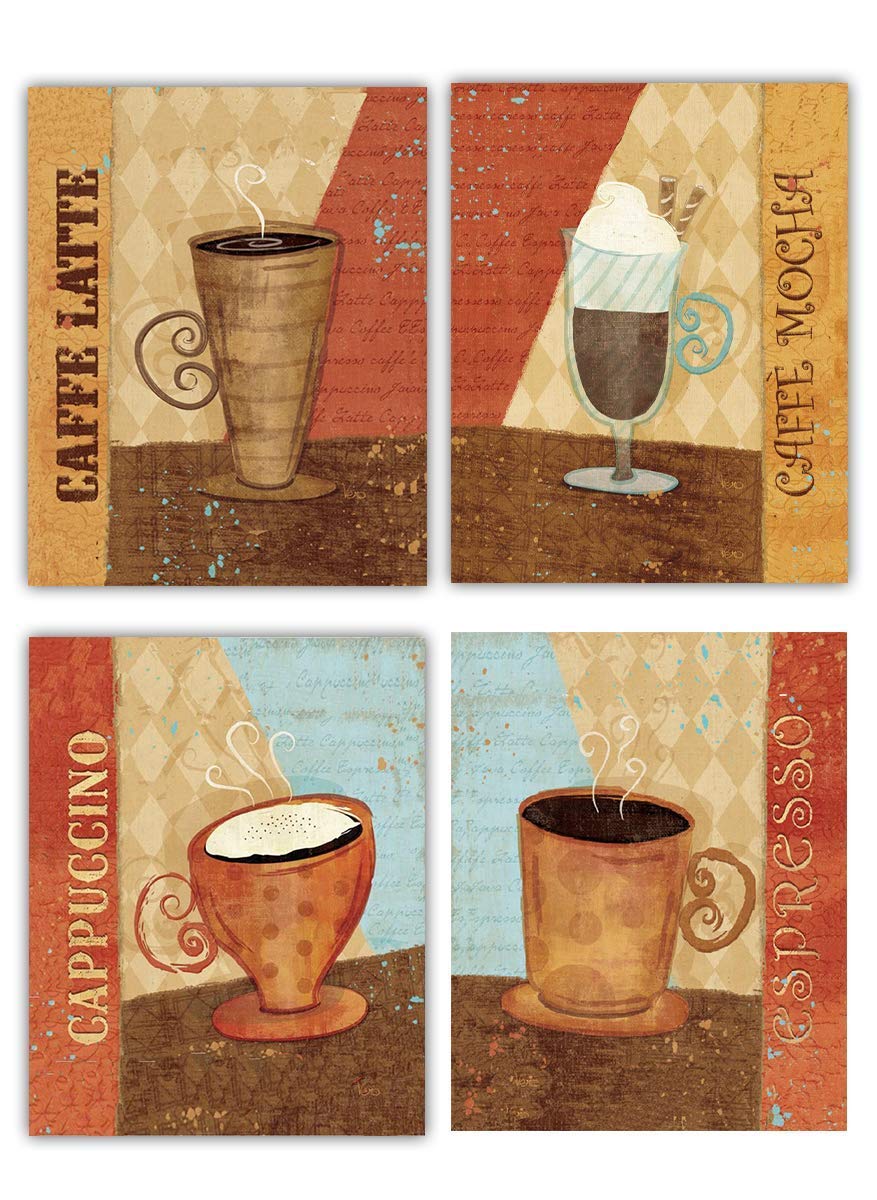 Coffee Fine Art Wall Set of (4)- 8 x 10"s Wall Art Prints- Ready to Frame. Latte, Espresso, Cappuccino &amp; Mocha Home D?cor, Coffee Decor &amp; Kitchen Wall Decor. Perfect For Coffee Lovers &amp; Coffee Bars.