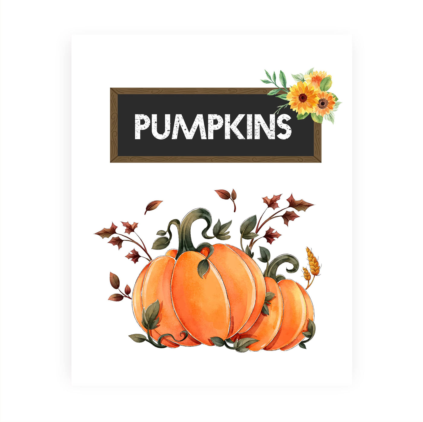 Pumpkins-Vintage Fall Wall Art Decor -8 x 10" Rustic Farmhouse Pumpkin Print w/Sunflower Images -Ready to Frame. Perfect for Home-Halloween-Thanksgiving-Sunflowers Decor! Printed on Photo Paper.