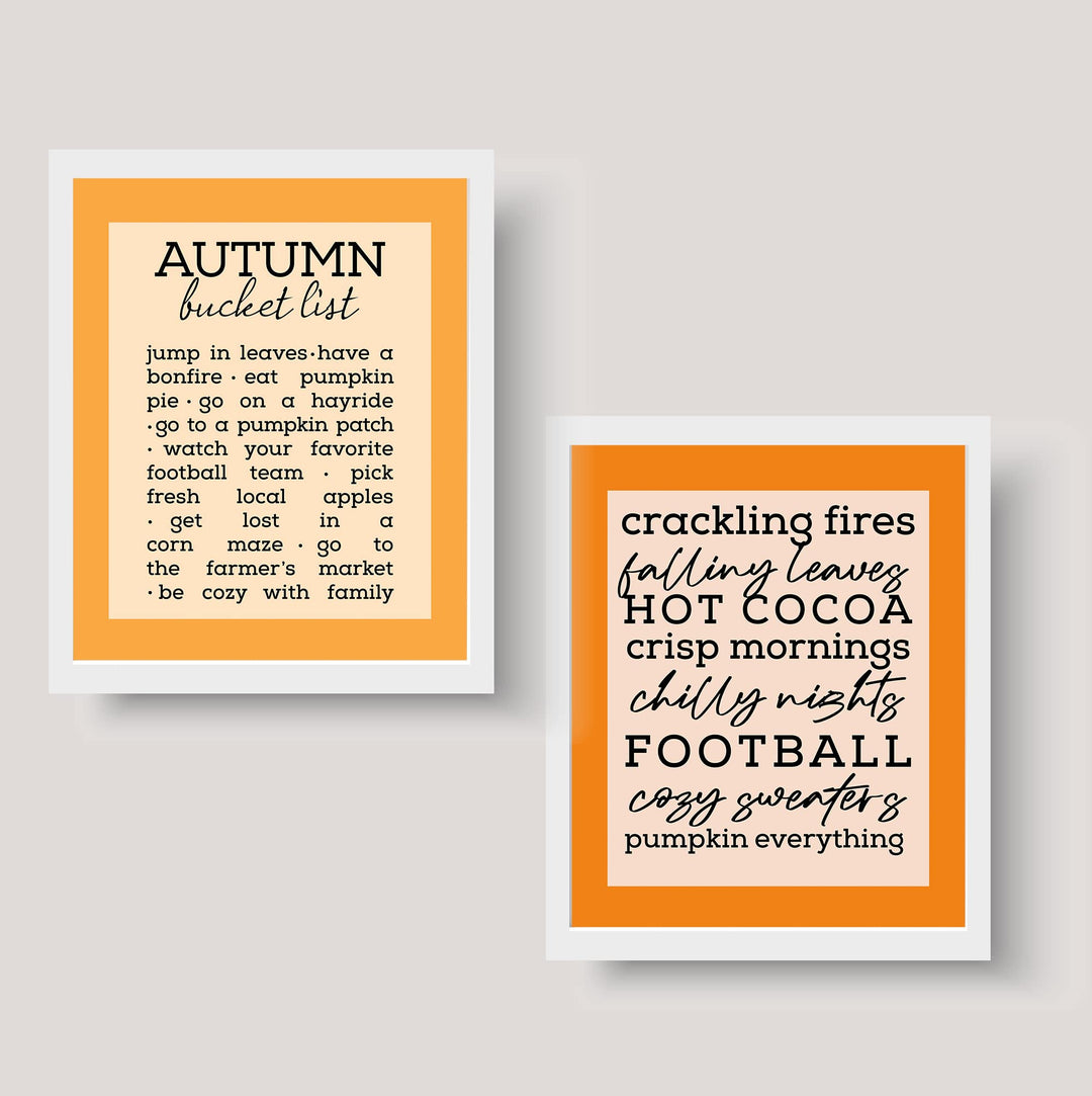 Autumn Bucket List &amp;"Crackling Fires" 2-Piece Wall Art Set- 8 x 10"s Fall Decor Wall Prints-Ready to Frame. Home-Kitchen-Living-Family-Holiday Wall Decor. Great Gift &amp; Reminders of Fall Fun!
