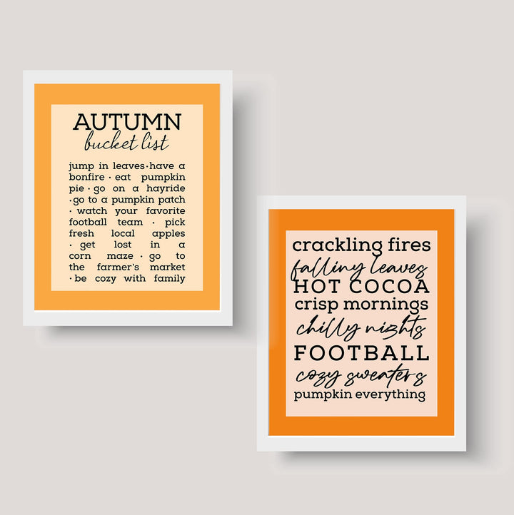 Autumn Bucket List &amp;"Crackling Fires" 2-Piece Wall Art Set- 8 x 10"s Fall Decor Wall Prints-Ready to Frame. Home-Kitchen-Living-Family-Holiday Wall Decor. Great Gift &amp; Reminders of Fall Fun!