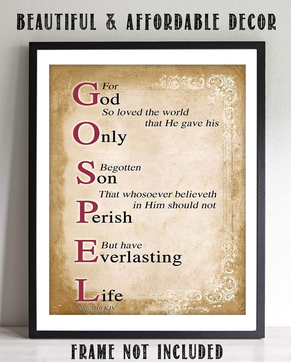 Gospel Sign- For God So Loved the World- John 3:16-Bible Verse Wall Art. 8 x 10"-Scripture Wall Print-Ready to Frame. Distressed Typographic-Parchment Design. Home-Office-Church D?cor. Best Verse!
