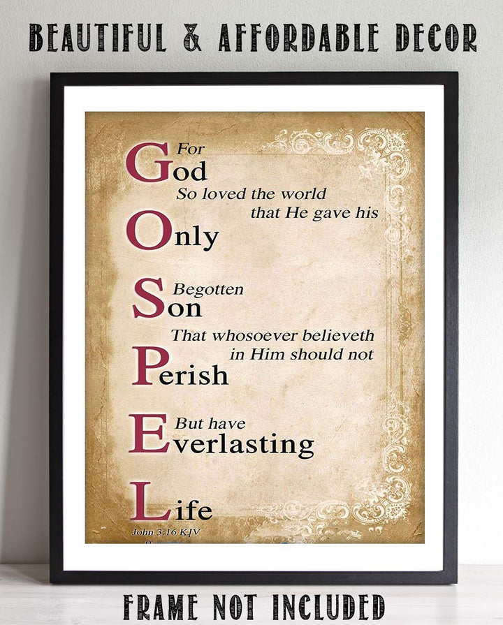 Gospel Sign- For God So Loved the World- John 3:16-Bible Verse Wall Art. 8 x 10"-Scripture Wall Print-Ready to Frame. Distressed Typographic-Parchment Design. Home-Office-Church D?cor. Best Verse!