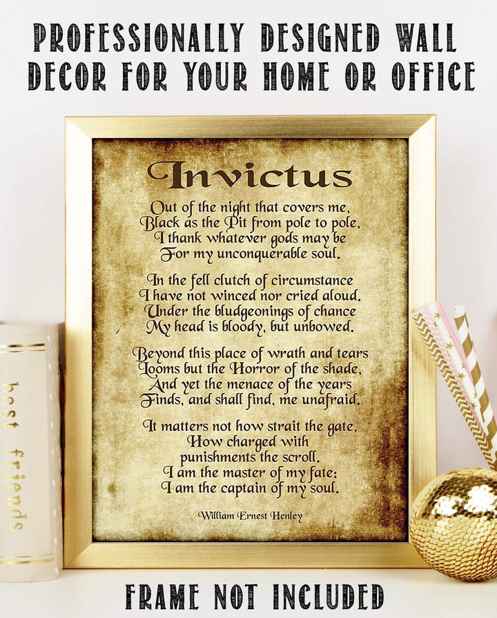 Invictus by William Henley-Poetry Wall Art- 8 x 10" Wall Print Decor. Scripted Font Poem on Replica Distressed Parchment Print-Ready To Frame. Home-Bedroom-Office Decor. Great Gift for Poetry Fans!