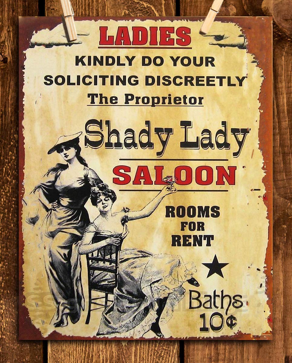 Shady Lady Saloon Vintage Sign Wall Art- 8 x 10"- Distressed Sign Replica Print-Ready to Frame."Ladies Solicit Discreetly"- Humorous Retro Decor- Great for Man Cave-Dorm-Bar-Garage.