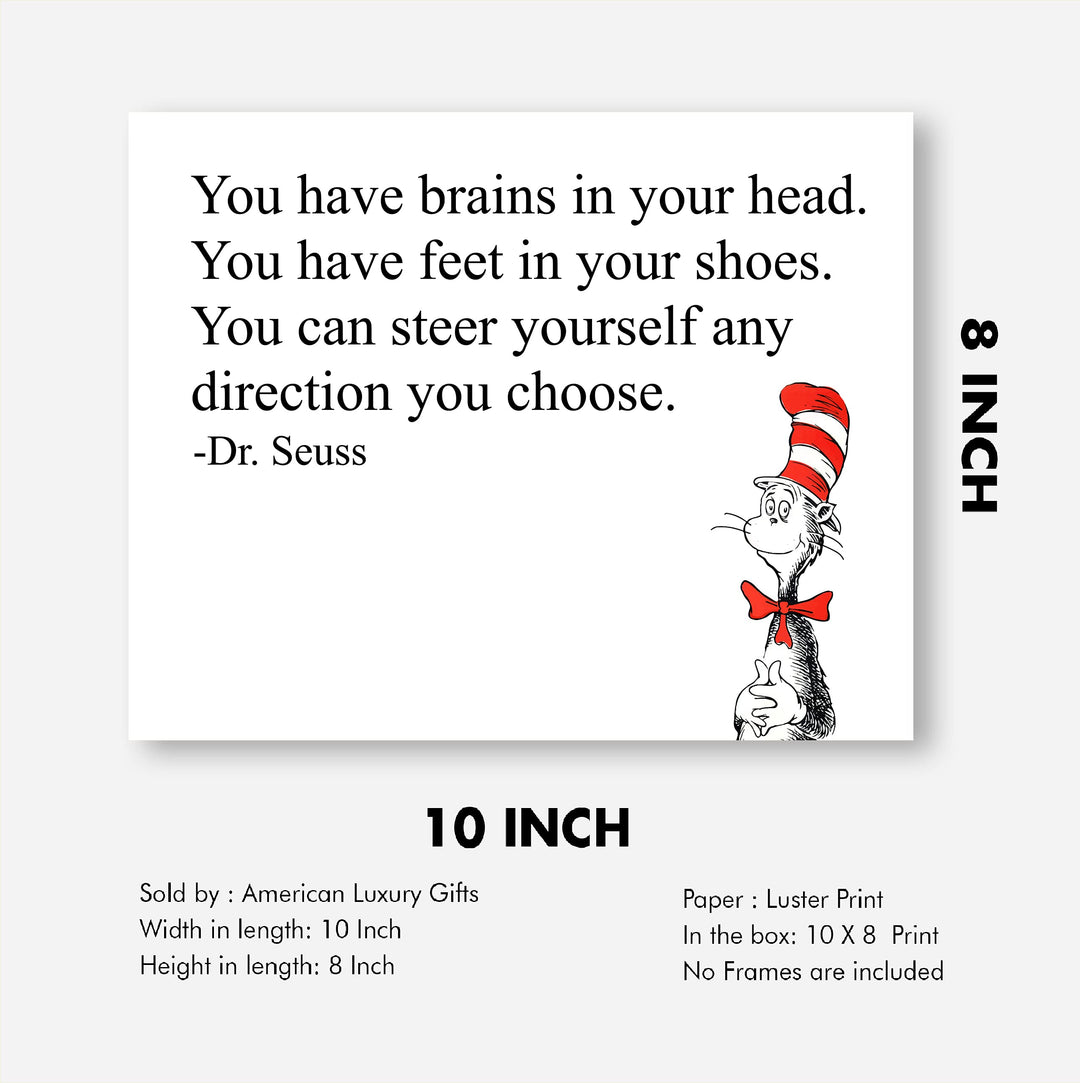 Dr. Seuss Quotes-"You Can Steer Yourself Any Direction You Choose" Inspirational Wall Art- 8x10" Modern Print-Ready to Frame. Motivational Home-Playroom-School-Library Decor. Great Gift for Teachers!