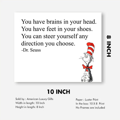 Dr. Seuss Quotes-"You Can Steer Yourself Any Direction You Choose" Inspirational Wall Art- 8x10" Modern Print-Ready to Frame. Motivational Home-Playroom-School-Library Decor. Great Gift for Teachers!