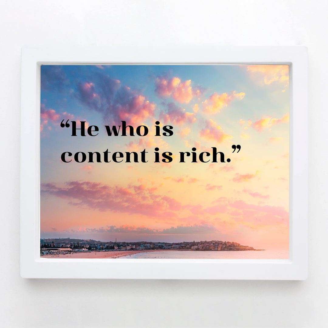 He Who Is Content Is Rich- Inspirational Quotes Wall Art -10 x 8"- Beach Sunset Picture Print -Ready to Frame. Spiritual Decor for Home-Office-School-Ocean Themes. Great Reminder to Be Grateful!