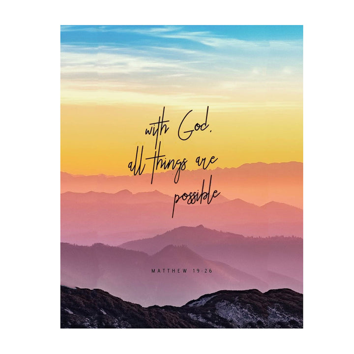 With God, All Things Are Possible- Matthew 19:26. Bible Verse Wall Art- 8x10" Colorful Mountain Range Image-Ready to Frame. Scripture Wall Decor for Home-Office. Great Gift-Inspirational Art Verse.