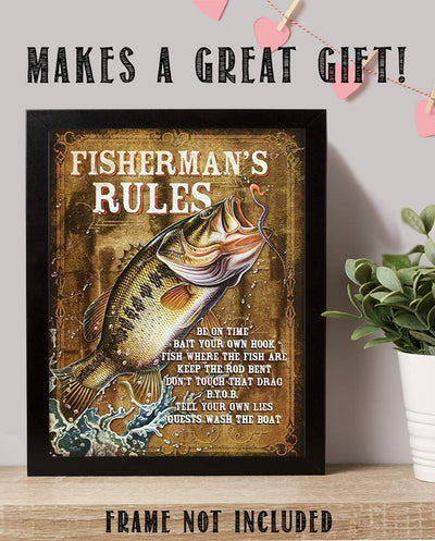 Fisherman's Rules- Rustic Fishing Sign Print-8 x 10" Wall Art Print-Ready to Frame. Distressed Sign Replica Print-Bait Own Hook-BYOB- Guests Wash Boat. Perfect Wall Decor for Home-Cabin-Lodge-Lake.