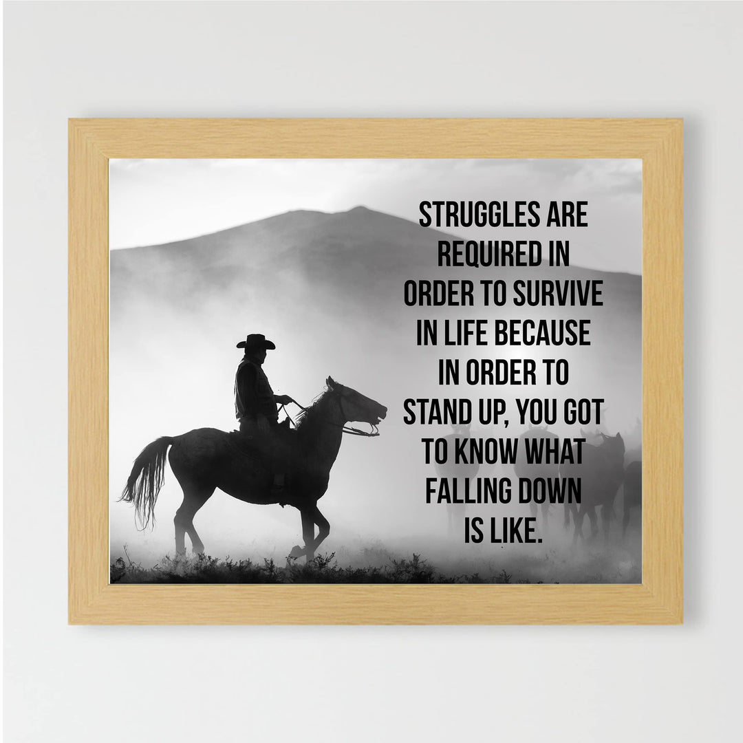 Struggles Are Required in Order to Survive Inspirational Western Wall Art-10x8" Rustic Mountain Print w/Cowboy Riding Horse-Ready to Frame. Farmhouse Decor for Home-Office-Barn. Great Life Lesson!
