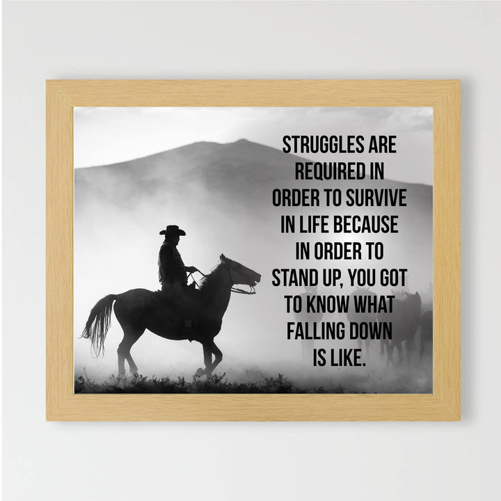 Struggles Are Required in Order to Survive Inspirational Western Wall Art-10x8" Rustic Mountain Print w/Cowboy Riding Horse-Ready to Frame. Farmhouse Decor for Home-Office-Barn. Great Life Lesson!