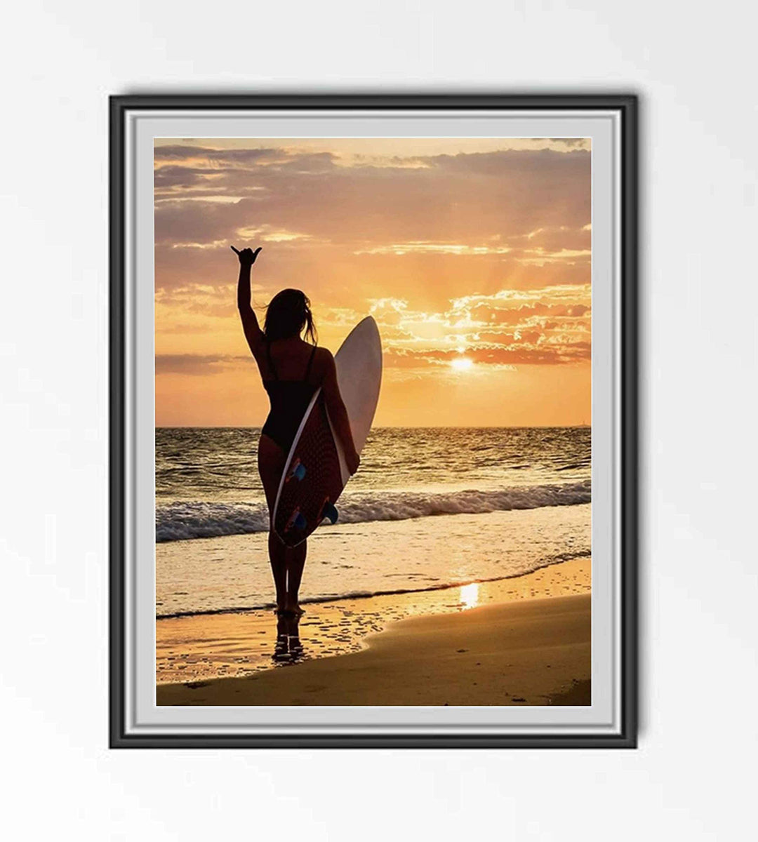 Mahala Surfer Girl-"Hang Loose"-Beach Sunset Image-8 x 10" Wall Art Print-Ready to Frame. Modern Home-Office-Studio-Beach House D?cor. Perfect Wall Print for Beach, Ocean and Surfing Themes!