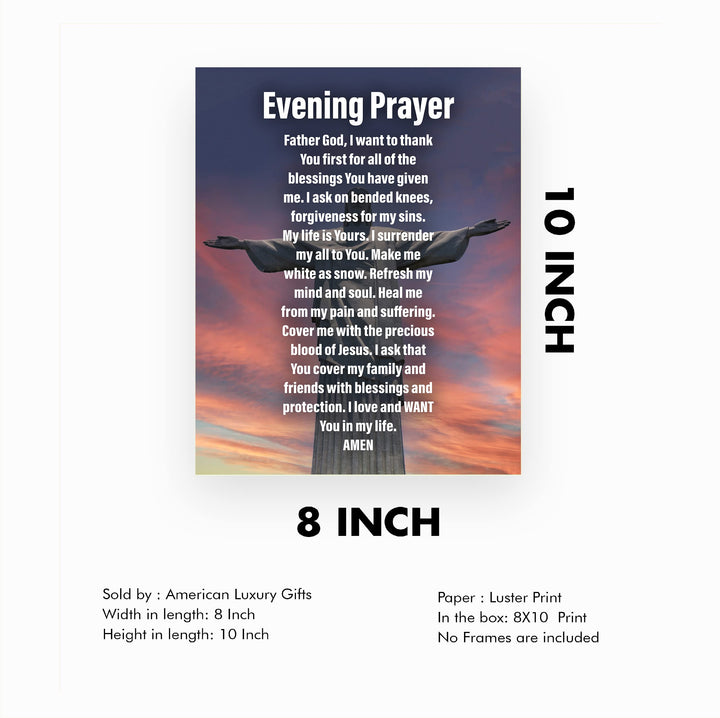 Evening Prayer- Inspirational Christian Wall Art -8 x 10" Motivational Christ the Redeemer Statue Picture Print -Ready to Frame. Home- Church- Office Decor &amp; Religious Gifts. Great Prayer of Faith!