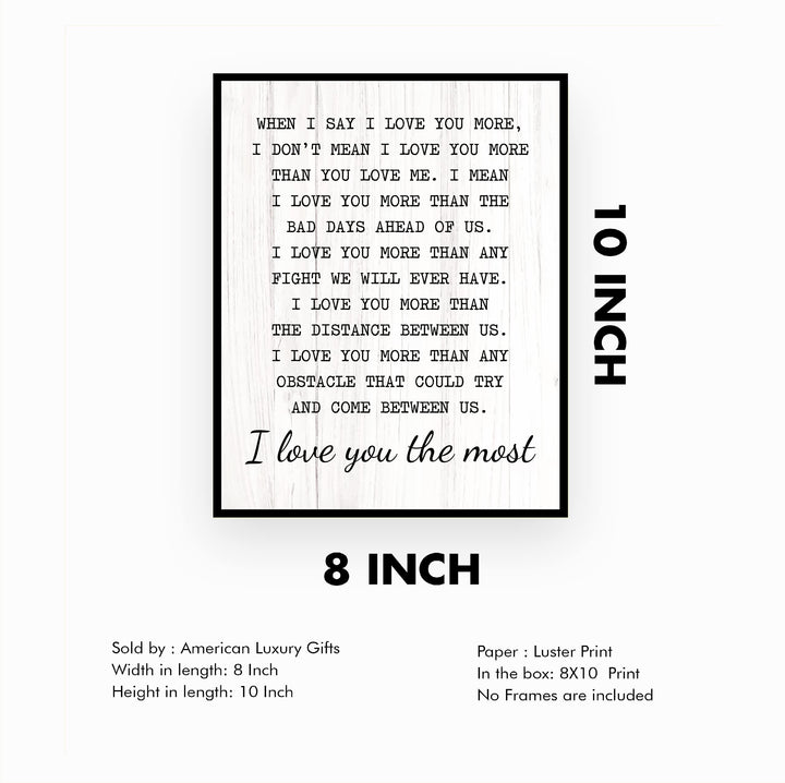"I Love You the Most" Inspirational Quotes Wall Art Decor -11 x 14" Love &amp; Marriage Print -Ready to Frame. Modern Typographic Wood Design. Romantic Gift &amp; Wedding Sign for All Couples!