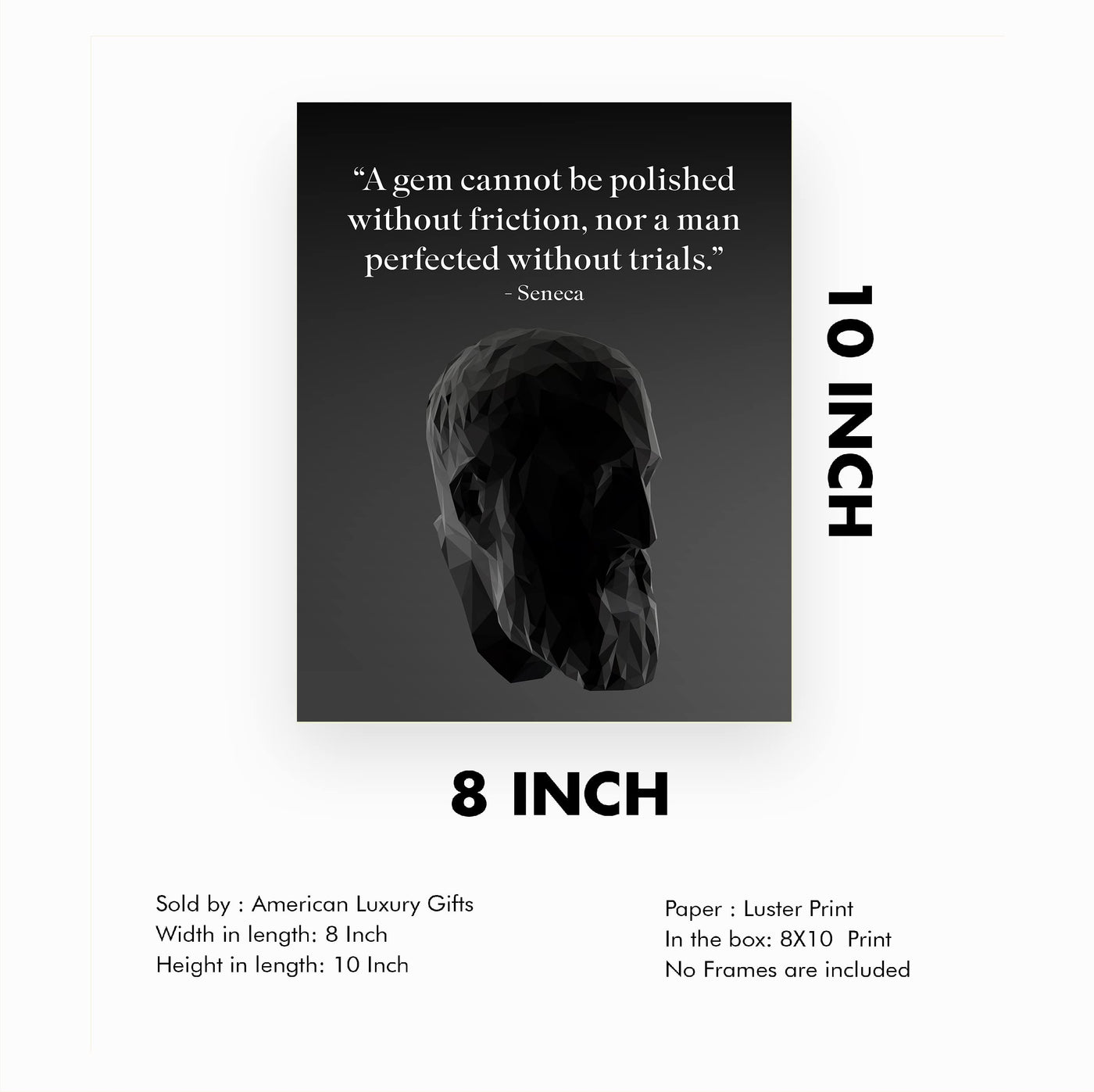Seneca-"A Gem Cannot Be Polished Without Friction"-Motivational History Quotes Wall Art -8 x 10" Vintage Portrait Typography Print -Ready to Frame. Inspirational Home-Office-Classroom-Cave Decor!