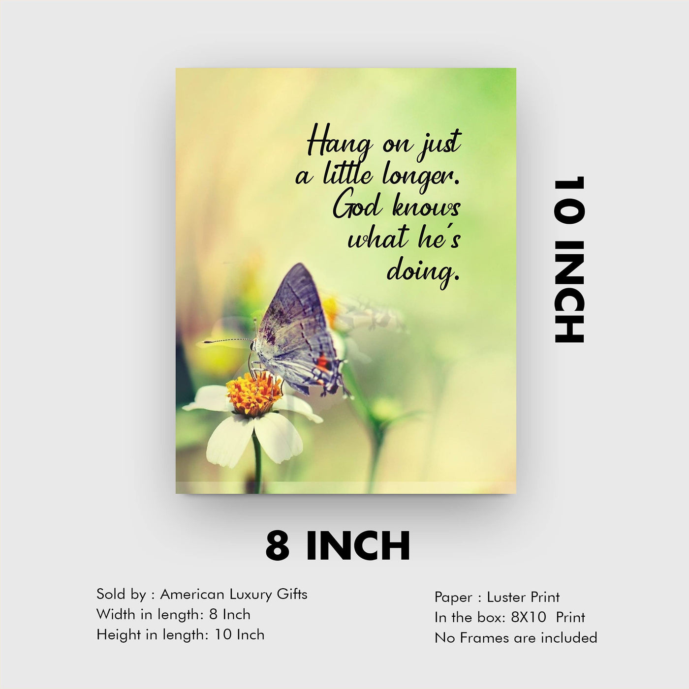 Hang On Just a Little Longer-God Knows What He Is Doing Inspirational Christian Wall Art -8 x 10" Floral Print w/Butterfly Image- Ready to Frame. Motivational Home-Office-Church Decor. Great Gift!