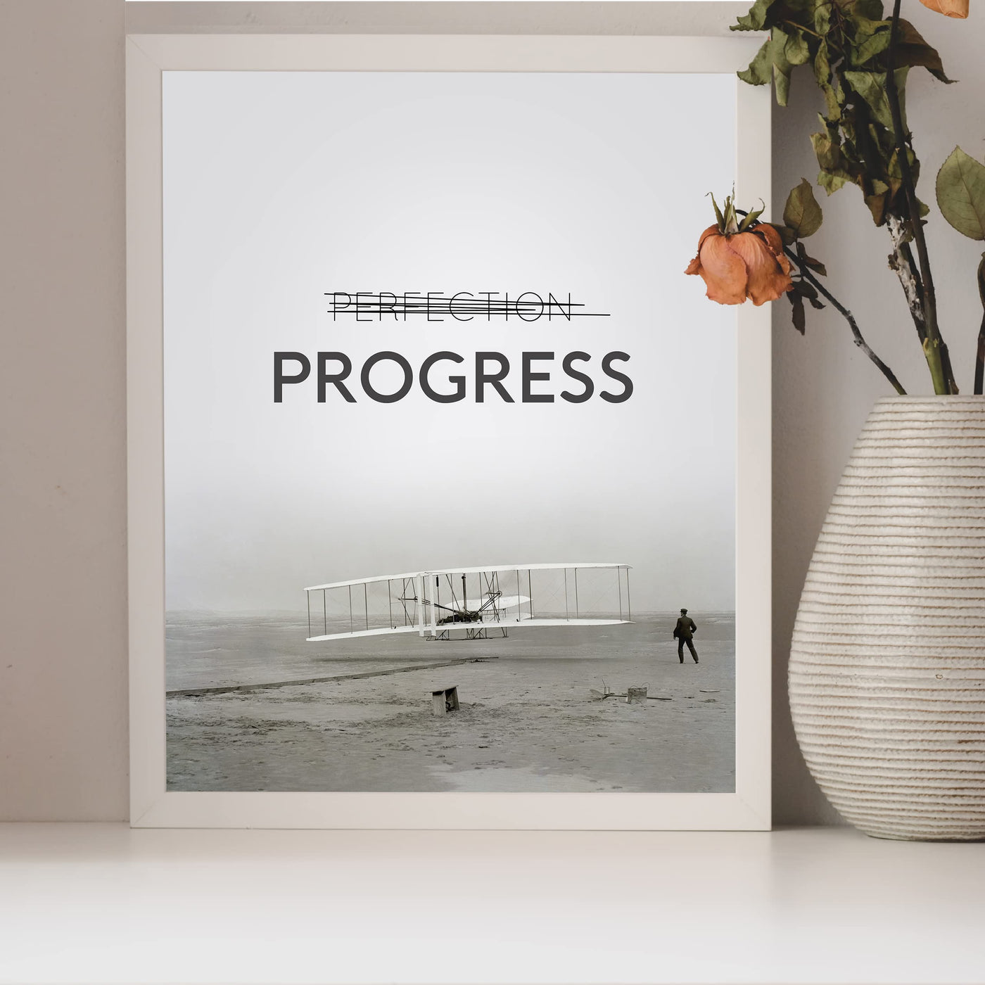 Progress Motivational Quotes Wall Art Sign -8 x 10" Black & White Vintage Airplane Picture Print -Ready to Frame. Inspirational Decor for Home-Office-Classroom-Gym. Great Gift for Motivation!