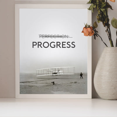 Progress Motivational Quotes Wall Art Sign -8 x 10" Black & White Vintage Airplane Picture Print -Ready to Frame. Inspirational Decor for Home-Office-Classroom-Gym. Great Gift for Motivation!