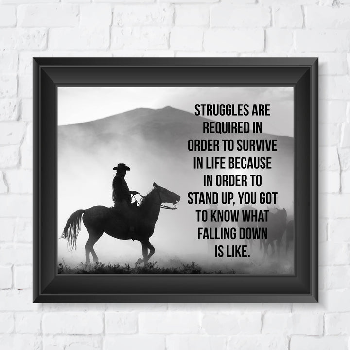 Struggles Are Required in Order to Survive Inspirational Western Wall Art-10x8" Rustic Mountain Print w/Cowboy Riding Horse-Ready to Frame. Farmhouse Decor for Home-Office-Barn. Great Life Lesson!