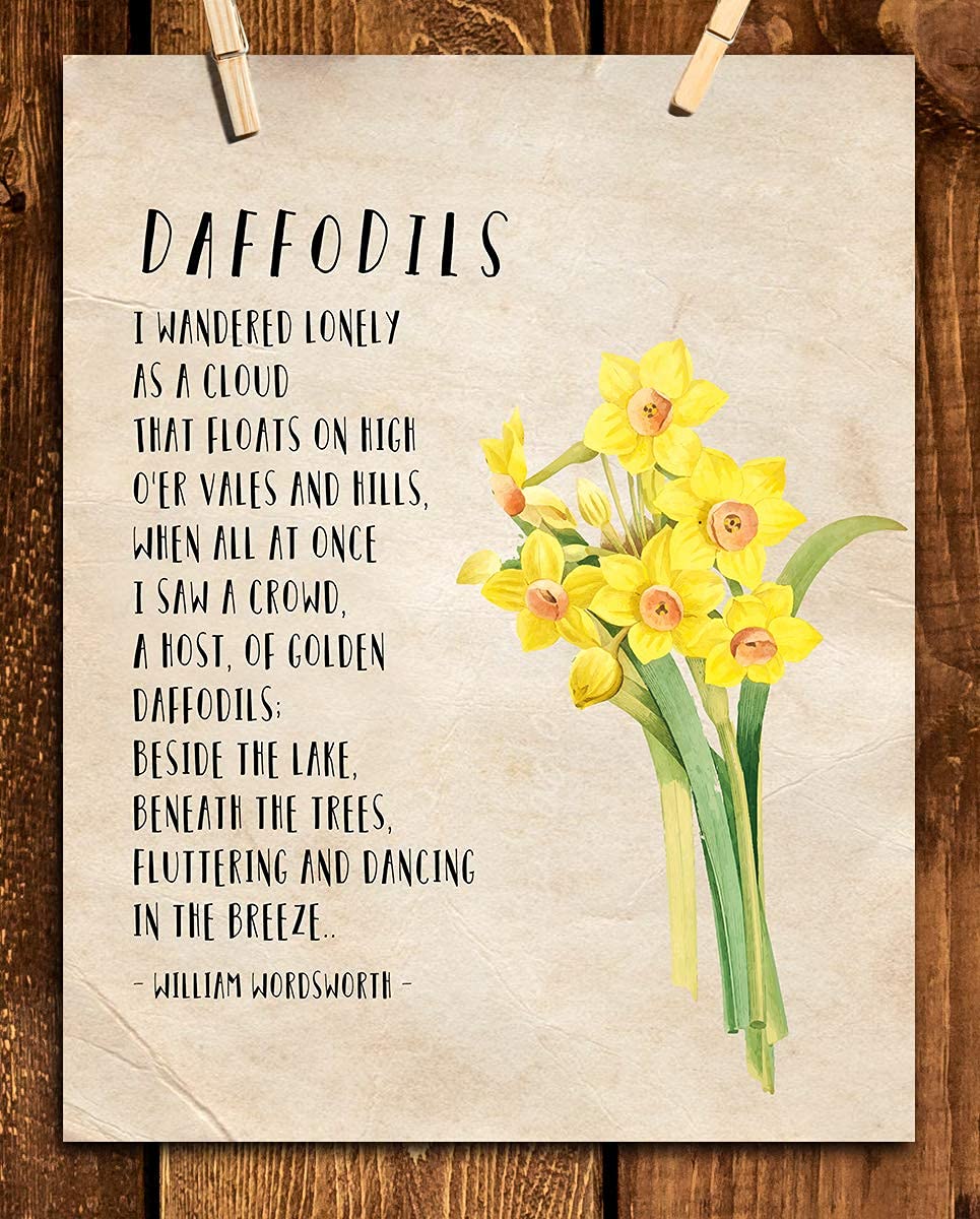 Daffodils-I Wandered Lonely as a Cloud by William Wordsworth-Poetic Wall Art Print-8 x 10" Wall Decor-Ready to Frame. Rustic Floral Daffodil Design. Home-Office-Library Decor. Great Poetry Art Gift!