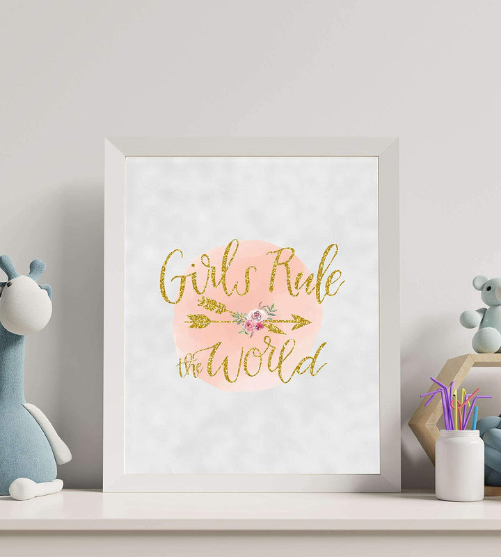 Girls Rule The World- 8 x 10"- Inspirational Wall Art- Ready to Frame. Gold Glitter-Floral Design Print- Home-Bedroom-Office D?cor. Perfect Fun Gift To Encourage Girls, Young Ladies &amp; Teens.