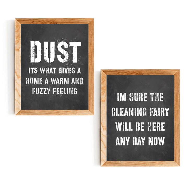 Cleaning Fairy -Set of (2)-8x10" Funny Wall Art Prints-"Dust-Gives Home Warm Fuzzy Feeling" Humorous House Cleaning Prints-Ready to Frame. Home-Office-Guest-Cabin Decor. Fun Housewarming Gift!
