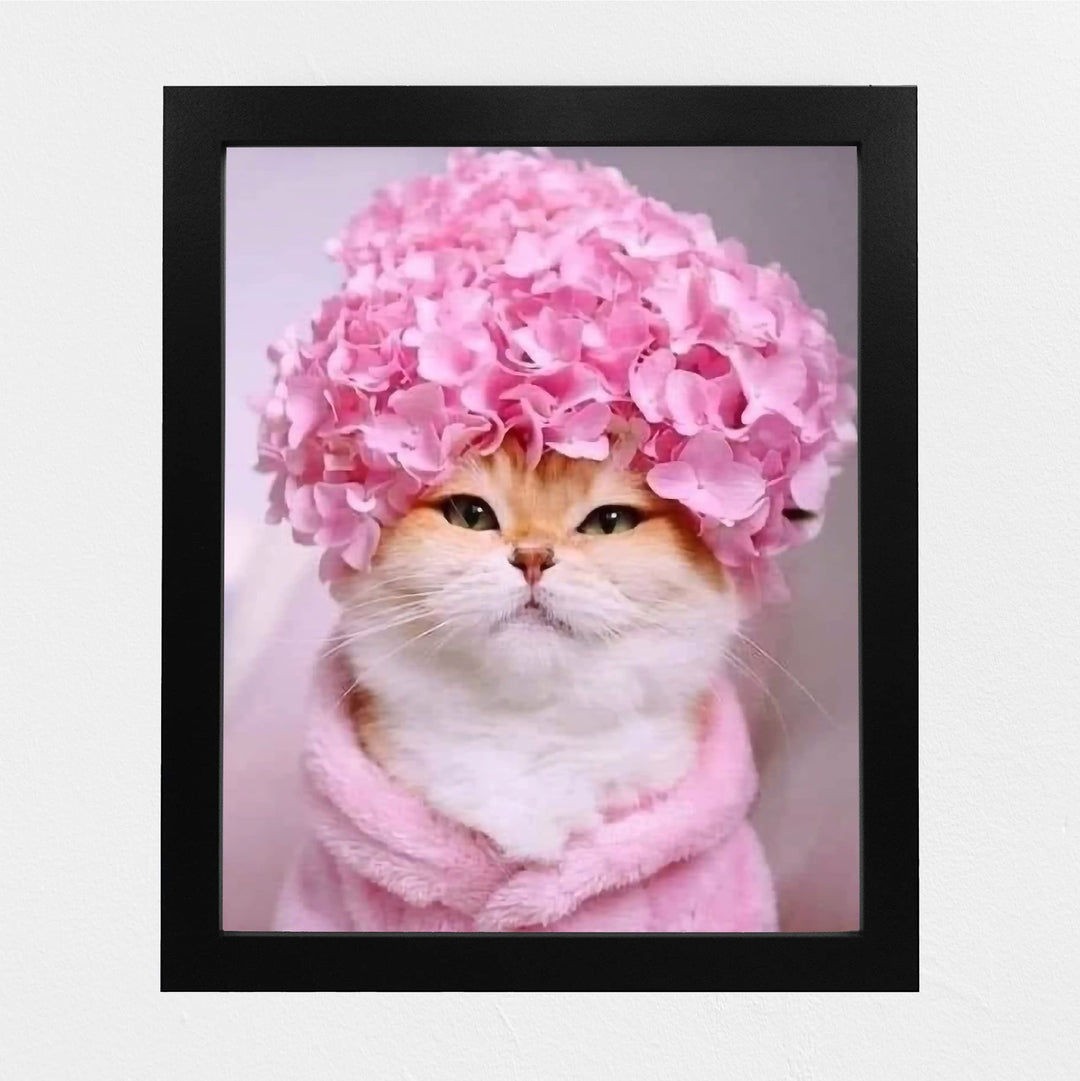 Cute Kitty Flower Hat 8 x 10"s Print Wall Art- Ready to Frame- Home Decor, Bedroom &amp; Modern Wall Prints for Animal &amp; Feline Theme Wall Decor. Fun Print. Great Gift For Cat Lovers.