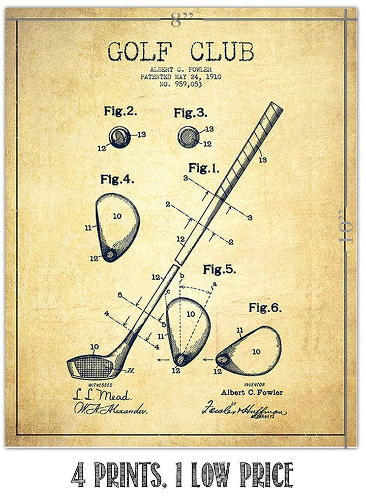 Golf Patent Prints Set of 4-"Golf Ball-Tee &amp; Clubs" - 8 x10&