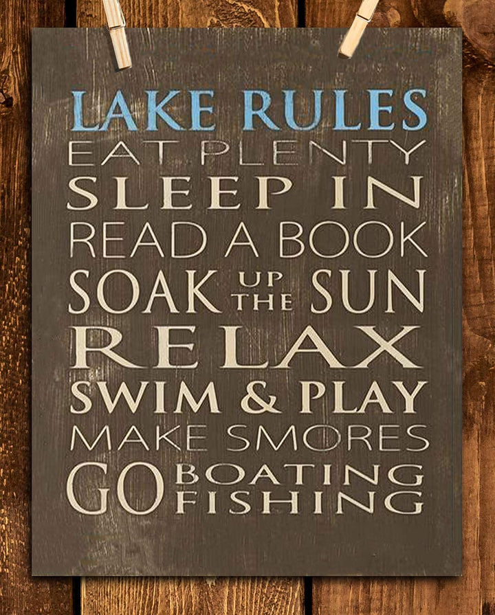 Lake Rules- Rustic Wall Art- 8 x 10" Print- Wall Decor- Ready to Frame. Replica Distressed Wood Sign Print-Wall Decor for Lake House or Cabin. Great Reminders to Relax, Enjoy Life and Make Memories!