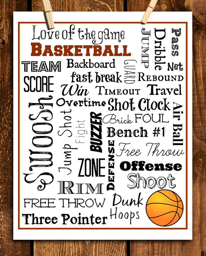 Basketball Fundamentals Word Art-8 x 10"-Poster Print- Ready To Frame. Motivational Wall Art with Key"Game Talk". Sports Home Decor-Bedroom Decor. Great for Locker Room-Gym-Man Cave. Love of The Game