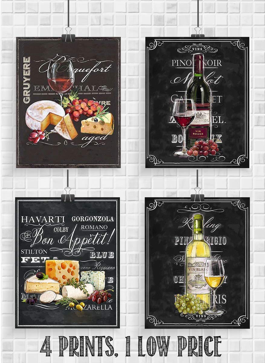 Wine &amp; Cheese Varieties Chalkboard Replica Prints Set (4)- 8 x 10"s Wall Art Prints-Ready to Frame. Home D?cor, Wine Decor &amp; Dining Wall Decor. Perfect For Wine Lovers &amp; Upscale Bars. Classy Addition!