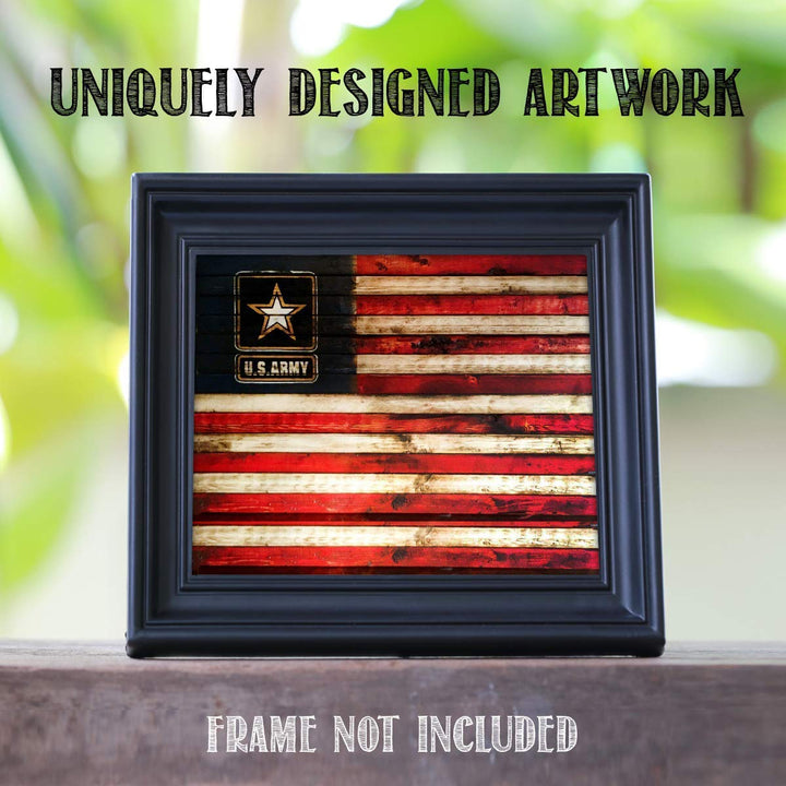 US Army Logo on USA Flag- Rustic Poster Print- 10 x 8"- Wall Art Prints- Ready To Frame- Distressed Flag Sign Replica Print. Home-Office-Military Decor. Display Your Pride &amp; Honor and Be Army Strong.