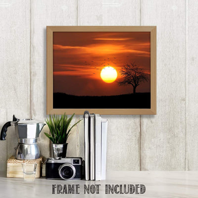 Sunset on African Plains- 8 x 10"- Print Wall Art- Ready to Frame. Home D?cor, Office D?cor & Nursery Decor. Gorgeous Sunset with Tree & Birds on Serengeti. Great Gift for Safari Lovers.