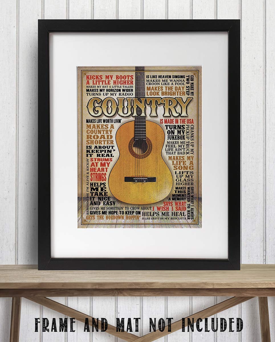 Country Music- Guitar Quotes Wall Art- 8 x 10 Funny Wall Print- Ready To Frame- Typography Print of Fun Country Music Sayings. Home Decor- Bar- Man Cave Decor. Perfect for All Country Music Fans.