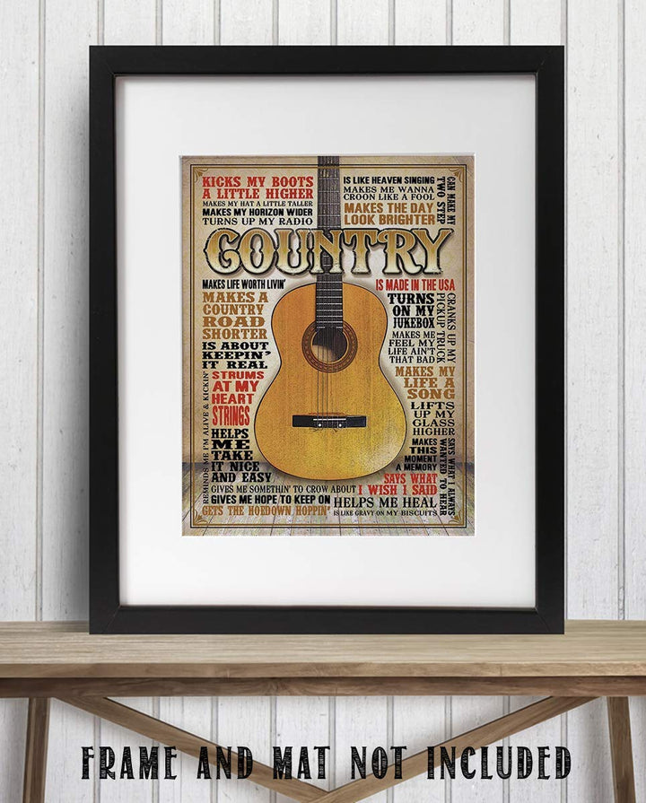 Country Music- Guitar Quotes Wall Art- 8 x 10 Funny Wall Print- Ready To Frame- Typography Print of Fun Country Music Sayings. Home Decor- Bar- Man Cave Decor. Perfect for All Country Music Fans.