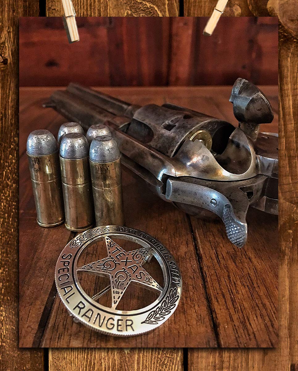 Texas Ranger Badge, Bullets &amp; Revolver- Western Photo Print- 8 x 10" Wall Art-Ready to Frame. Retro Western Decor for Home-Office-Garage-Man Cave-Bar. Perfect Collectible for Lawmen &amp; Outlaws.
