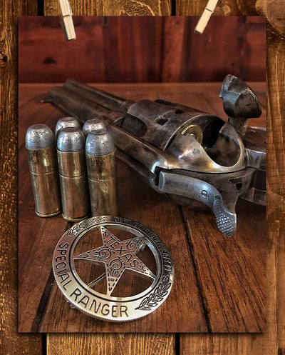Texas Ranger Badge, Bullets & Revolver- Western Photo Print- 8 x 10" Wall Art-Ready to Frame. Retro Western Decor for Home-Office-Garage-Man Cave-Bar. Perfect Collectible for Lawmen & Outlaws.