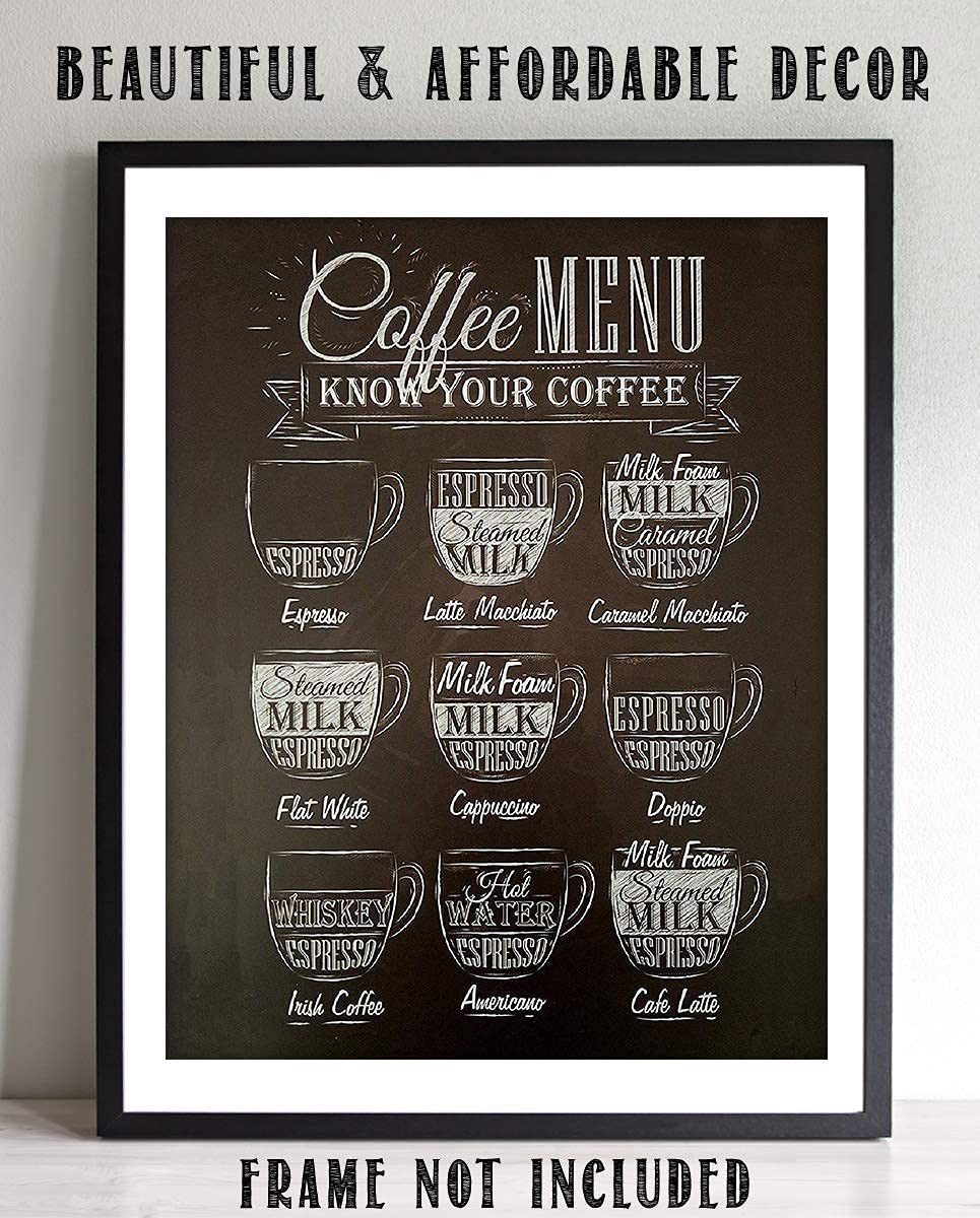 Coffee Menu- Know Your Coffee- Chalk Coffee Sign Replica- 8 x 10"s Print Wall Art- Ready to Frame. Home D?cor-Coffee Decor-Kitchen Wall Decor. Perfect For Coffee Bar and Gift for the Coffee Lovers.