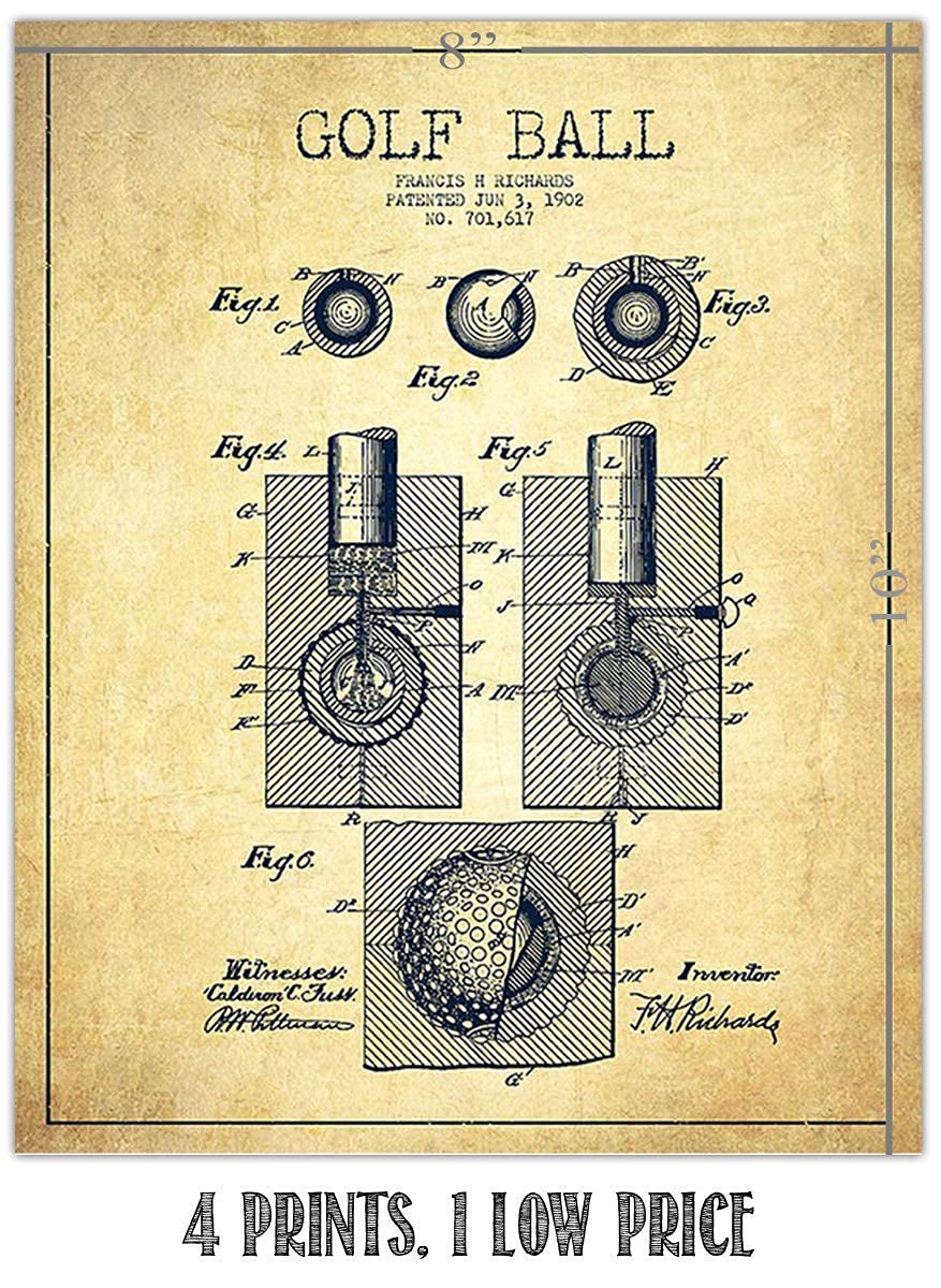 Golf Patent Prints Set of 4-"Golf Ball-Tee &amp; Clubs" - 8 x10&