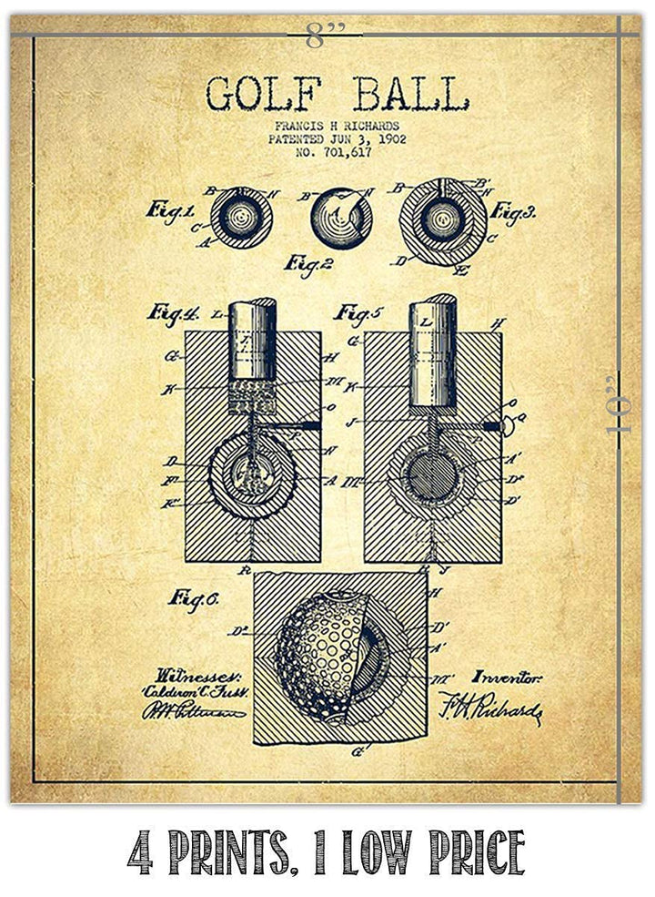 Golf Patent Prints Set of 4-"Golf Ball-Tee &amp; Clubs" - 8 x10&