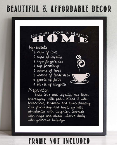 Recipe For Happy Home- Family Wall Art Sign- 8 x 10"- Replica Sign Print- Ready to Frame. Fun Home-Kitchen-Family Room Decor. Mix All the Ingredients-Love-Faith-Laughter. Perfect Housewarming Gift.