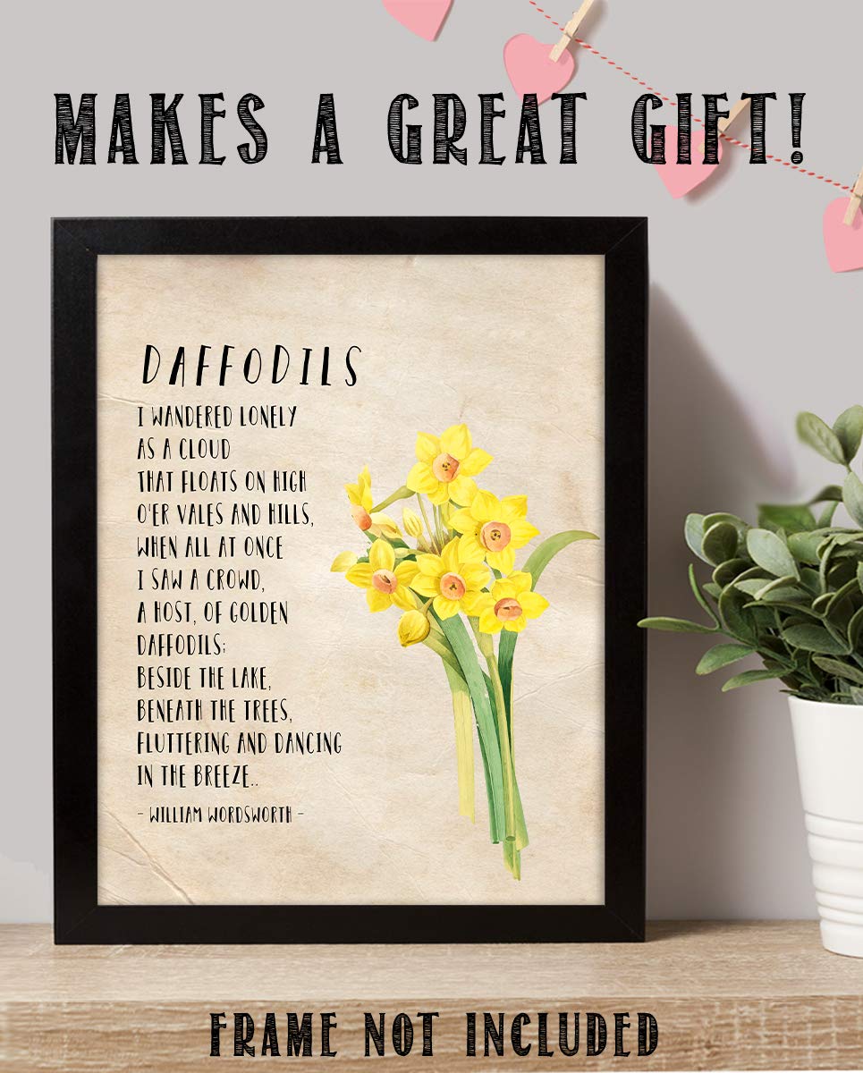 Daffodils-I Wandered Lonely as a Cloud by William Wordsworth-Poetic Wall Art Print-8 x 10" Wall Decor-Ready to Frame. Rustic Floral Daffodil Design. Home-Office-Library Decor. Great Poetry Art Gift!