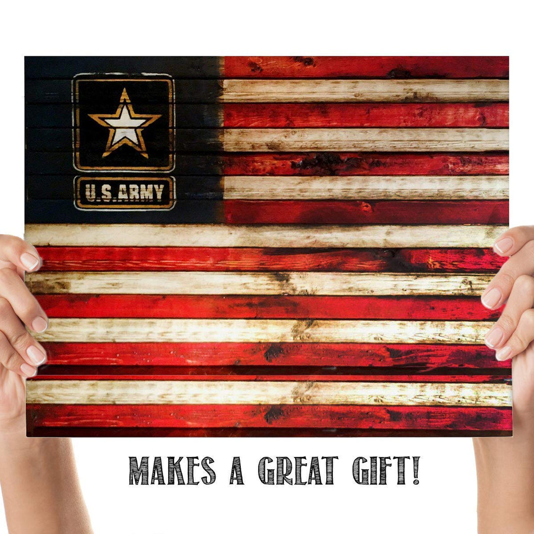 US Army Logo on USA Flag- Rustic Poster Print- 10 x 8"- Wall Art Prints- Ready To Frame- Distressed Flag Sign Replica Print. Home-Office-Military Decor. Display Your Pride &amp; Honor and Be Army Strong.