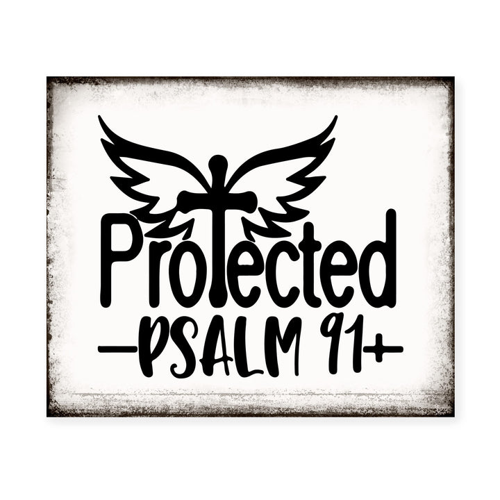 Protected-Psalm 91 Bible Verse Wall Art Print -10 x 8- Rustic Cross w/Angel Wings Print- Ready to Frame. Scripture Wall Decor for Home -Office -School -Religious &amp; Christian Gifts. Powerful Verse.