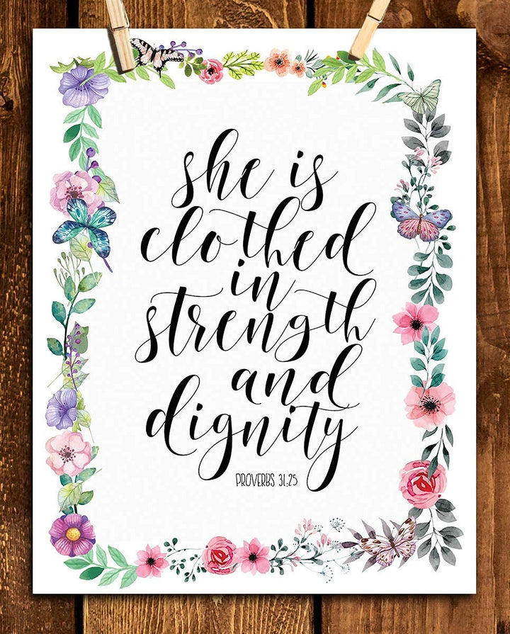 Proverbs 31 Woman-"Strength &amp; Dignity". Bible Verse Wall Art-8x10-Scripture Wall Art- Ready to Frame. Home D?cor-Christian Gifts. Inspirational &amp; Encouraging Verse- Perfect Gift For That Special Lady