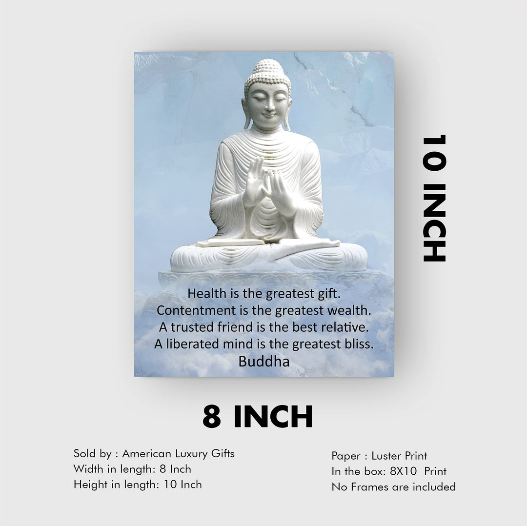 Buddha Quotes-"Health Is the Greatest Gift" -Spiritual Wall Art -8 x 10" Typographic Wall Print w/Buddha Statue Image -Ready to Frame. Perfect Decor Home-Yoga Studio-Office-Zen-Meditation!
